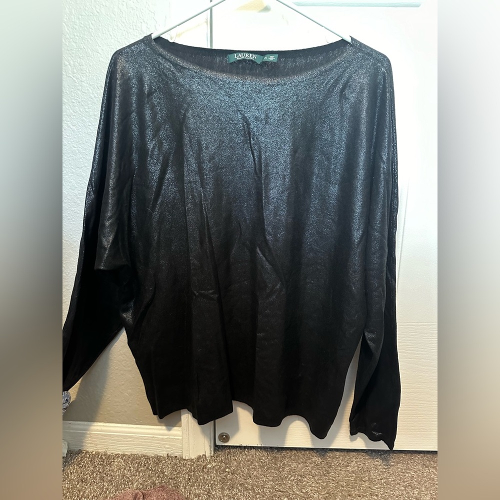 Lauren by Ralph Lauren Long Sleeve Oversized Black Sheen Shirt